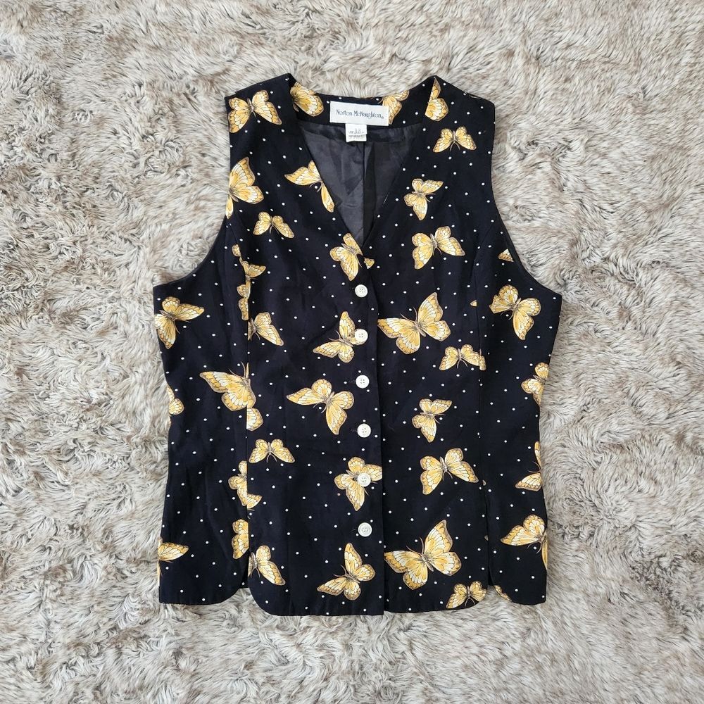 Norton McNaughton Vintage Butterfly Print Suit Vest Black and Yellow Size 12